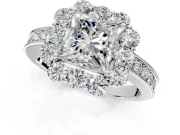 Halo Engagement Ring Setting for Princess Cut Center with Milgrain Channel Band and Prong Head in Sterling Silver