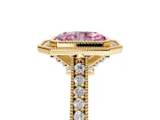 Halo Engagement Ring Setting for Fancy Pink Radiant Cut Center with Milgrain Pave Band and Bezel Head in Yellow Gold