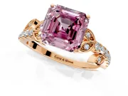 Leaf Motif Engagement Ring Setting for Fancy Pink Asscher Cut Center with Pave Band and Prong Head in Rose Gold