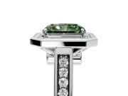 Halo Engagement Ring Setting for Fancy Green Radiant Cut Center with Outer Bezel Rim, Pave Band and Prong Head in Platinum