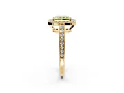 Bezel-Framed Halo Engagement Ring Setting for Fancy Yellow Radiant Cut Center with Pave Band and Prong Head in Yellow Gold