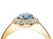 Halo Engagement Ring Setting for Fancy Blue Pear-Shaped Center with Plain Tapered Band and Prong Head in Yellow Gold
