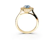Milgrain Floral Halo Engagement Ring Setting for Fancy Blue Oval Center with Pave Band and Prong Head in Yellow Gold