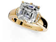 Solitaire Engagement Ring Setting for Asscher Cut Center with Wide Band, Pave Collar and Prong Head in Yellow Gold