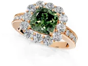 Halo Engagement Ring Setting for Fancy Green Cushion Cut Center with Milgrain Channel Band and Prong Head in Rose Gold