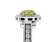 Halo Engagement Ring Setting for Fancy Yellow Cushion Cut Center with Outer Bezel Rim, Pave Band and Prong Head in White Gold