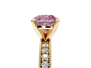 Milgrain Pave Engagement Ring Setting for Fancy Pink Cushion Cut Center with Accent Band and Prong Head in Yellow Gold