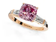 Bar-Set Engagement Ring Setting for Fancy Pink Cushion Cut Center with Tapered Baguette Accents and Prong Head in Rose Gold