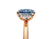 Hidden Halo Engagement Ring Setting for Fancy Blue Radiant Cut Center with Thin Rounded Band and Prong Head in Rose Gold