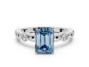 Solitaire Engagement Ring Setting for Fancy Blue Emerald Cut Center with Beaded Bezel Station Band and Prong Head in White Gold