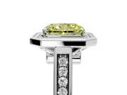 Halo Engagement Ring Setting for Fancy Yellow Radiant Cut Center with Outer Bezel Rim, Pave Band and Prong Head in Platinum