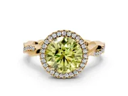 Halo Engagement Ring Setting for Fancy Yellow Round Cut Center with Pave and Plain Twist Band and Prong Head in Yellow Gold