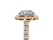Halo Engagement Ring Setting for Cushion Cut Center with Narrowing Pave Band and Prong Head in Rose Gold