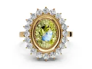 Halo Engagement Ring Setting for Fancy Yellow Oval Center with Milgrain Bezel Rim, Plain Band and Prong Head in Yellow Gold