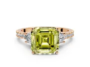 3 Stone Engagement Ring Setting for Fancy Yellow Asscher Cut Center with Round Cut Side Accents and Prong Head in Rose Gold