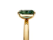 Low-Set Solitaire Engagement Ring Setting for Fancy Green Emerald Cut Center with Thin Plain Band and Prong Head in Yellow Gold