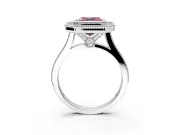 Halo Engagement Ring Setting for Fancy Pink Asscher Cut Center with Milgrain Frame, Pave Band and Prong Head in Platinum