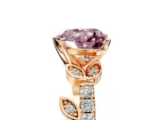 Leaf Motif Engagement Ring Setting for Fancy Pink Heart-Shaped Center with Pave Band and Prong Head in Rose Gold