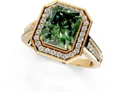 Halo Engagement Ring Setting for Fancy Green Emerald Cut Center with Outer Bezel Rim, Pave Band and Prong Head in Yellow Gold