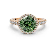 Halo Engagement Ring Setting for Fancy Green Round Cut Center with Full Pave Band and Prong Head in Rose Gold