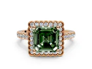 Milgrain Floral Halo Engagement Ring Setting for Fancy Green Asscher Cut Center with Pave Band and Prong Head in Rose Gold