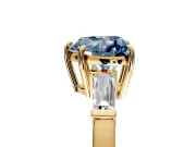 3 Stone Engagement Ring Setting for Fancy Blue Heart-Shaped Center with Baguette Accents and Prong Head in Yellow Gold