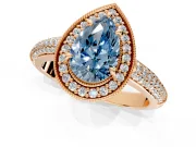 Milgrain Halo Engagement Ring Setting for Fancy Blue Pear-Shaped Center with Three-Sided Pave Band and Prong Head in Rose Gold
