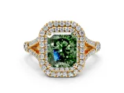 Double Halo Engagement Ring Setting for Fancy Green Radiant Cut Center with Narrow Pave Split Shank and Prong Head in Yellow Gold
