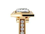 Halo Engagement Ring Setting for Princess Cut Center with Outer Bezel Rim, Pave Band and Prong Head in Yellow Gold