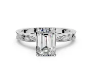Solitaire Engagement Ring Setting for Emerald Cut Center with Engraved Milgrain Band and Prong Head in Sterling Silver