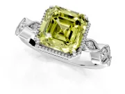 Vintage Station Engagement Ring Setting for Fancy Yellow Asscher Cut Center with Accents and Prong Head in Platinum