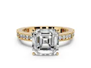 Solitaire Engagement Ring Setting for Asscher Cut Center with Milgrain-Edged Pave Band and Prong Head in Yellow Gold