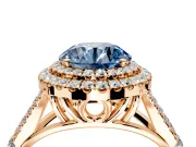 Double Halo Engagement Ring Setting for Fancy Blue Round Cut Center with Narrow Pave Split Shank and Prong Head in Rose Gold