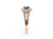 Halo Engagement Ring Setting for Fancy Blue Cushion Cut Center with Two-Strand Split Shank and Prong Head in Rose Gold