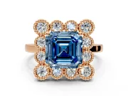 Cluster Halo Engagement Ring Setting for Fancy Blue Asscher Cut Center with Milgrain Bezel Accents and Prong Head in Rose Gold