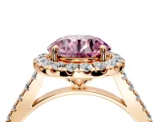 Halo Engagement Ring Setting for Fancy Pink Round Cut Center with Narrowing Pave Band and Prong Head in Rose Gold
