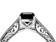 Solitaire Engagement Ring Setting for Fancy Black Emerald Cut Center with Engraved Pave Band and Prong Head in Sterling Silver