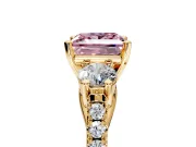 3 Stone Engagement Ring Setting for Fancy Pink Princess Cut Center with Crossover Basket, Pave Band and Prong Head in Yellow Gold