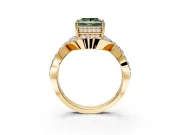 Halo Engagement Ring Setting for Fancy Green Princess Cut Center with Pave Infinity Twist Band and Prong Head in Yellow Gold