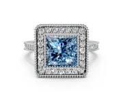 Halo Engagement Ring Setting for Fancy Blue Princess Cut Center with Milgrain Frame, Pave Band and Prong Head in Platinum
