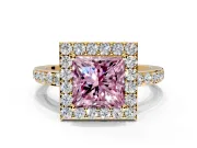 Halo Engagement Ring Setting for Fancy Pink Princess Cut Center with Heart-Shaped Openwork, Pave Band and Prong Head in Yellow Gold
