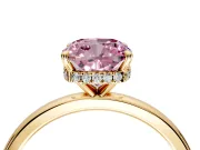 Hidden Halo Engagement Ring Setting for Fancy Pink Cushion Cut Center with Plain Band and Tall Prong Head in Yellow Gold