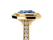 Halo Engagement Ring Setting for Fancy Blue Asscher Cut Center with Milgrain Pave Band and Bezel Head in Yellow Gold