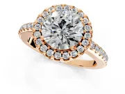 Pave Halo Engagement Ring Setting for Round Cut Center with Single Row Pave Band and Prong Head in Rose Gold