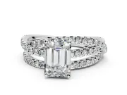 Solitaire Engagement Ring Setting for Emerald Cut Center with Woven 3-Strand Pave Band and Prong Head in Platinum