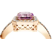 Halo Engagement Ring Setting for Fancy Pink Radiant Cut Center with Heart-Shaped Openwork, Pave Band and Prong Head in Rose Gold