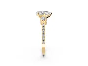 3 Stone Engagement Ring Setting for Pear-Shaped Center with Round Cut Side Accents and Prong Head in Yellow Gold