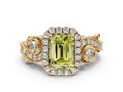 Milgrain Halo Engagement Ring Setting for Fancy Yellow Emerald Cut Center with Shoulder Bezels and Prong Head in Yellow Gold