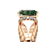 Halo Engagement Ring Setting for Fancy Green Emerald Cut Center with Rope Twist Split Shank and Prong Head in Rose Gold