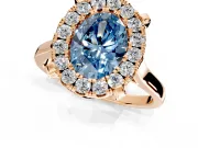 Single Halo Engagement Ring Setting for Fancy Blue Oval Center with Corner Claws, Plain Band and Prong Head in Rose Gold